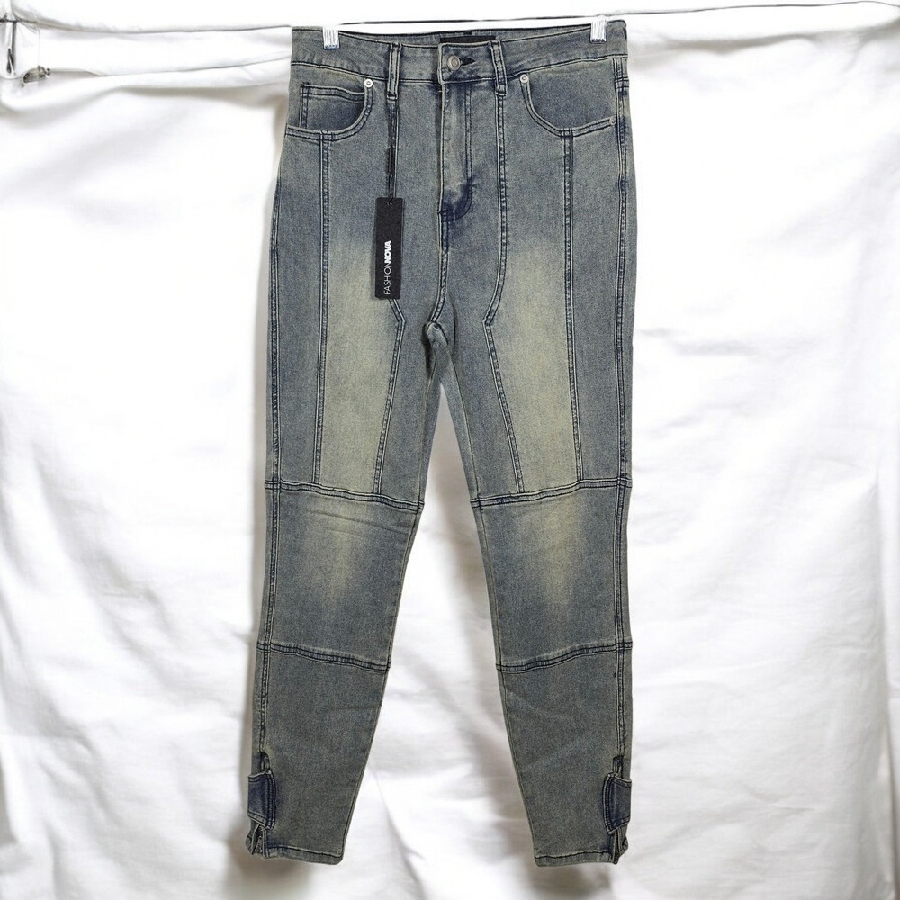 Fashion Nova Jeans Woman 11 Blue Wash High Rise Moto Style Zip Ankle NEW